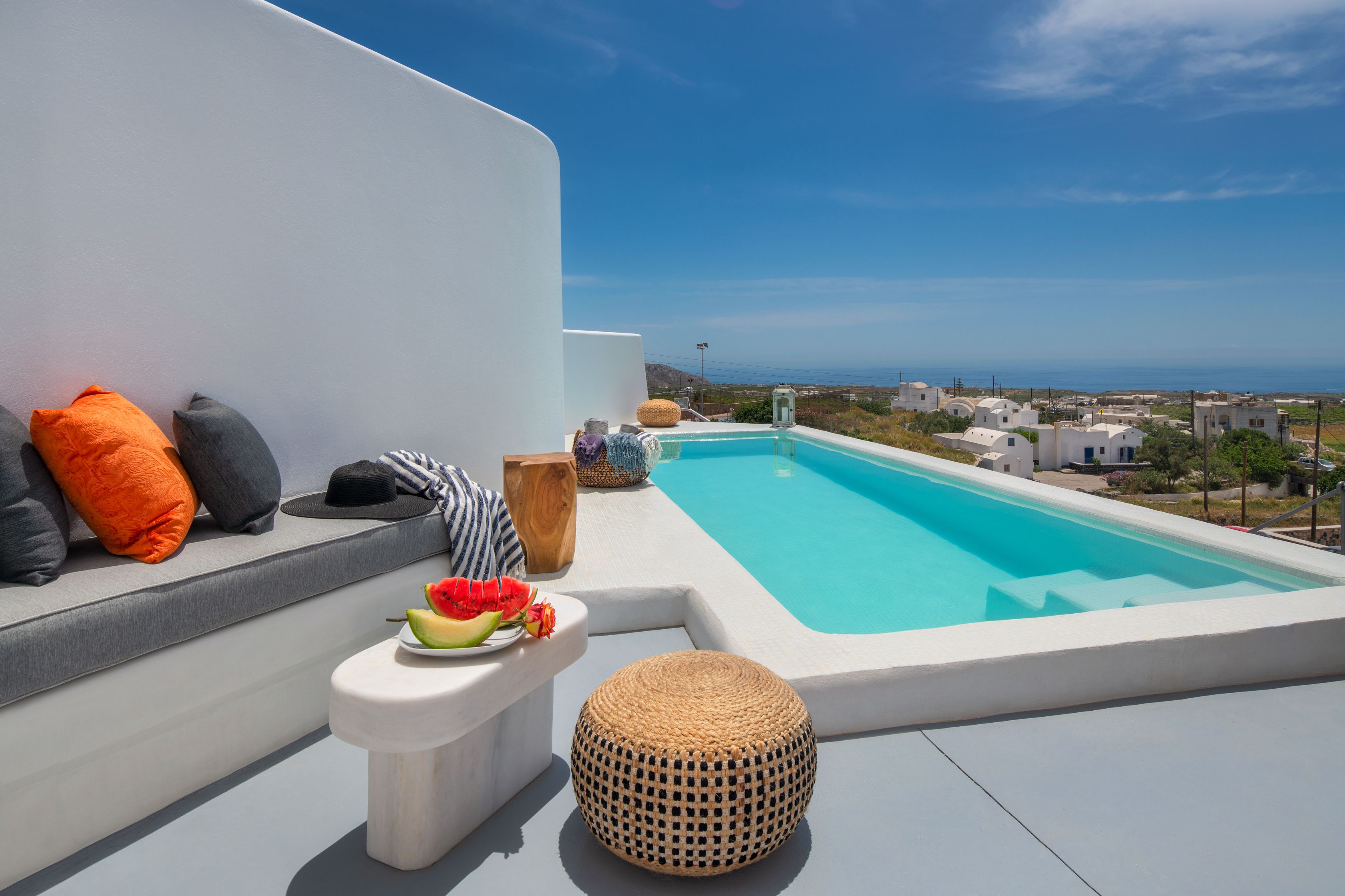 Seasonal outdoor pool, pool umbrellas, pool loungers