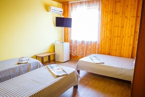 Cozy room with two single beds, a flat-screen TV, and a small refrigerator.