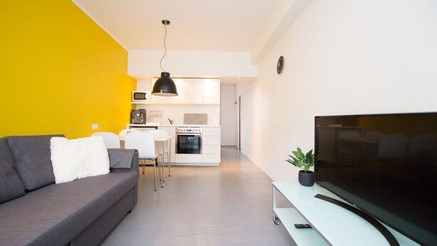 A modern living room with a grey sofa, a flat-screen TV on a stand, and a kitchen in the background. - The Sunny Reykjavik House (Reykjavik)