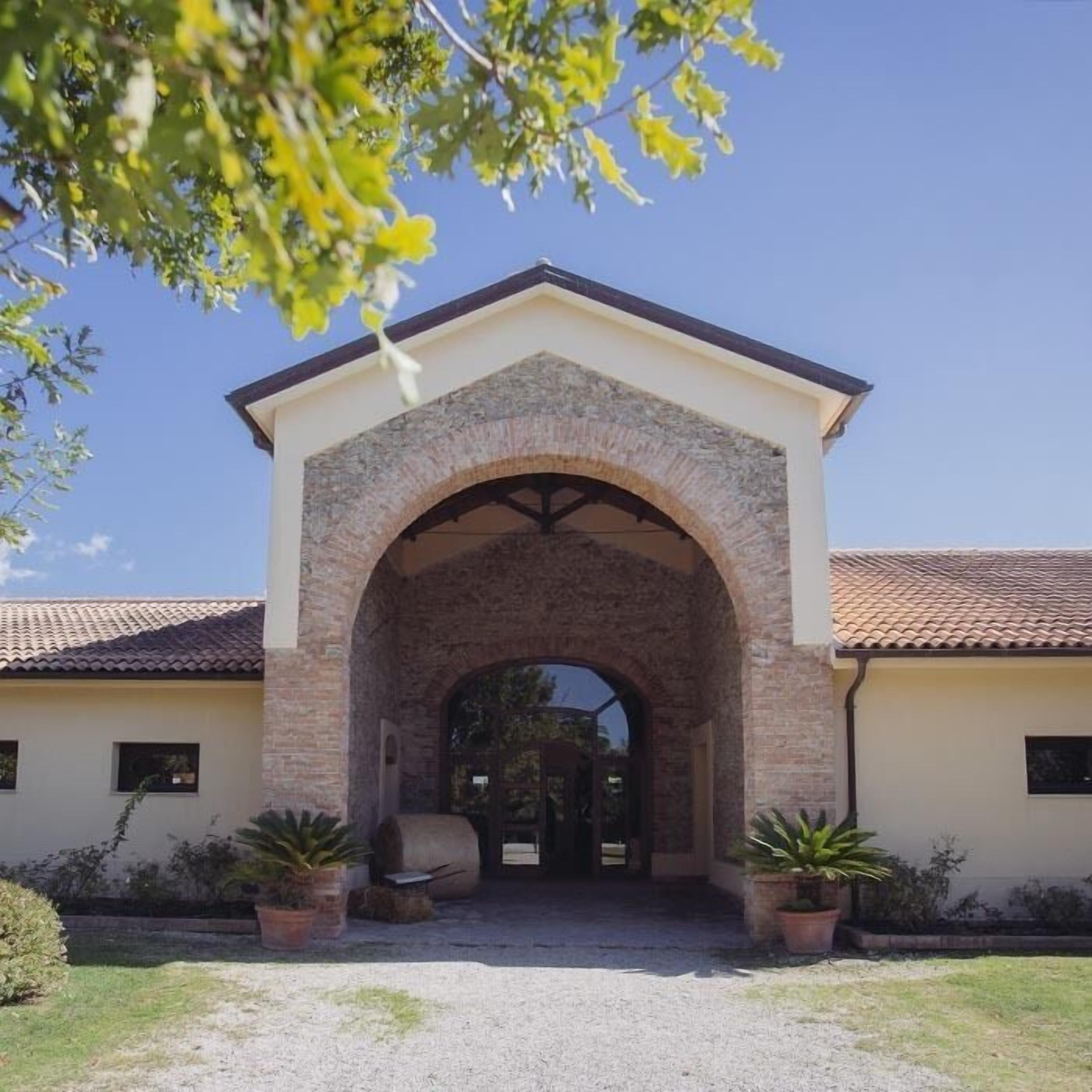 A building with a central arched entrance, flanked by two potted plants, and a clear blue sky in the background.