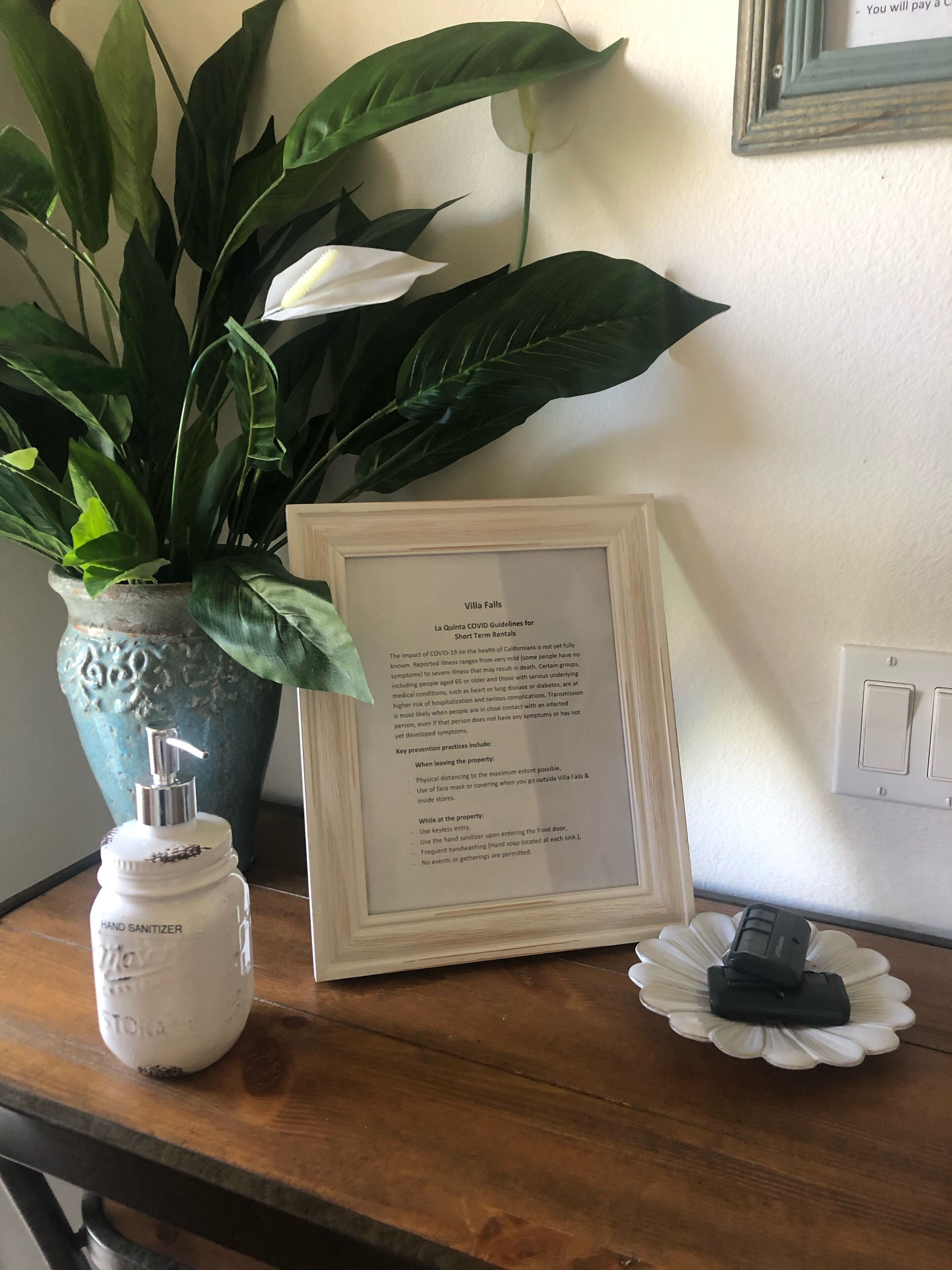 A framed COVID-19 guideline sign, a hand sanitizer bottle, and a potted plant on a wooden surface.