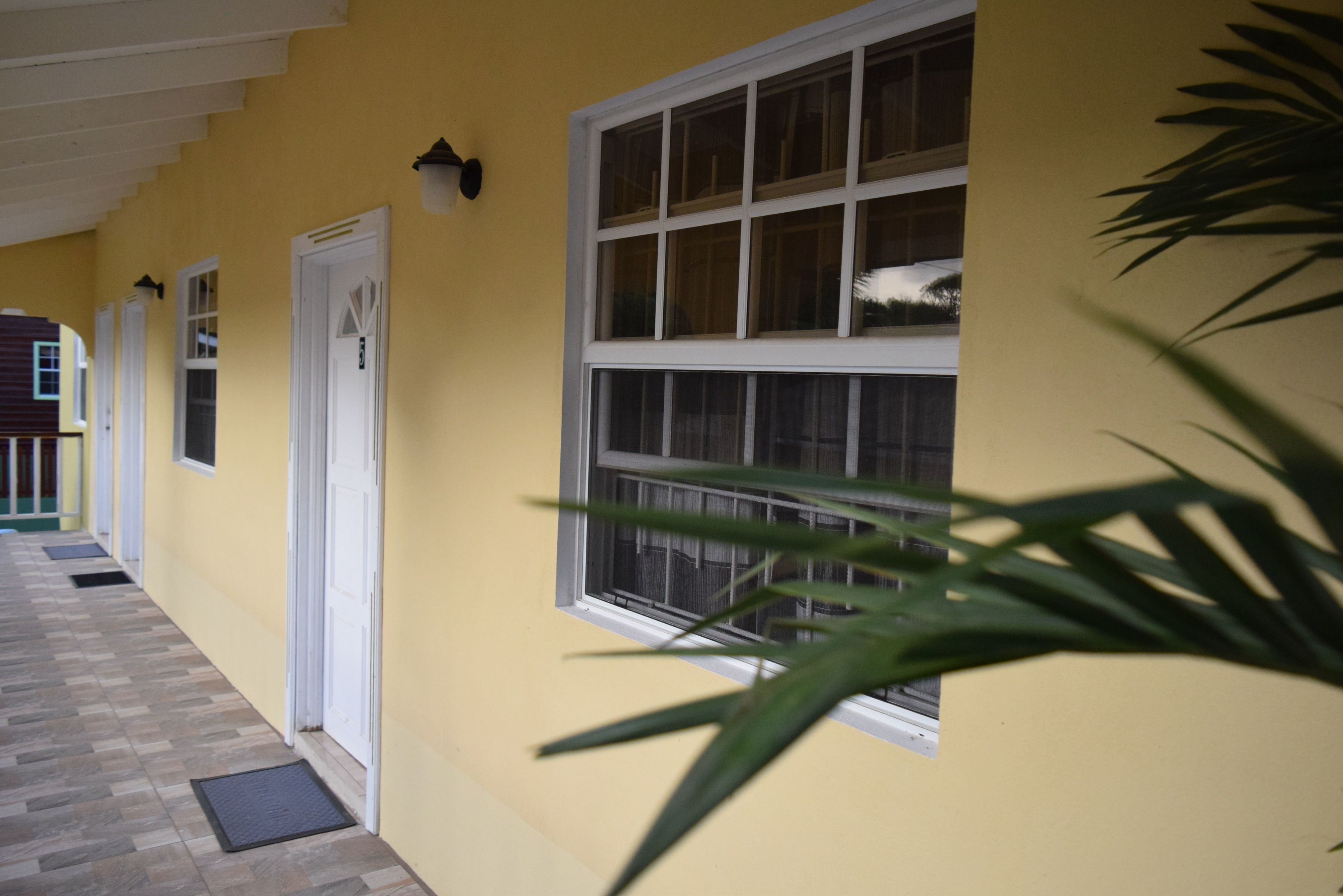 A corridor with a yellow wall, white doors, and windows.