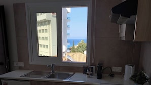 A modern kitchen with a built-in dishwasher, wooden cabinets, a large window with a view of the sea, and a small potted plant. - Proteas Mare Suites (Paralimni)
