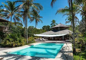 Outdoor pool, pool umbrellas, pool loungers