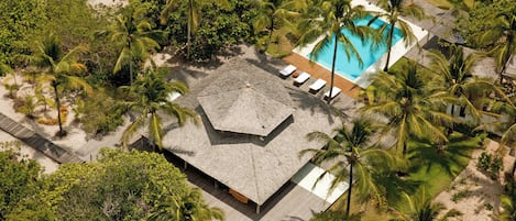 Piscine extérieure, parasols de plage, chaises longues