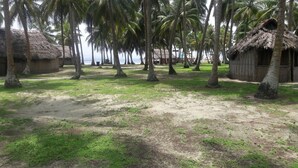 A tropical setting with thatched-roof huts and palm trees. - Cabins in Aguja Island (Narganá)