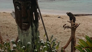 A plate with food items on a beach with wooden structures and white flowers. - Cabins in Aguja Island (Narganá)