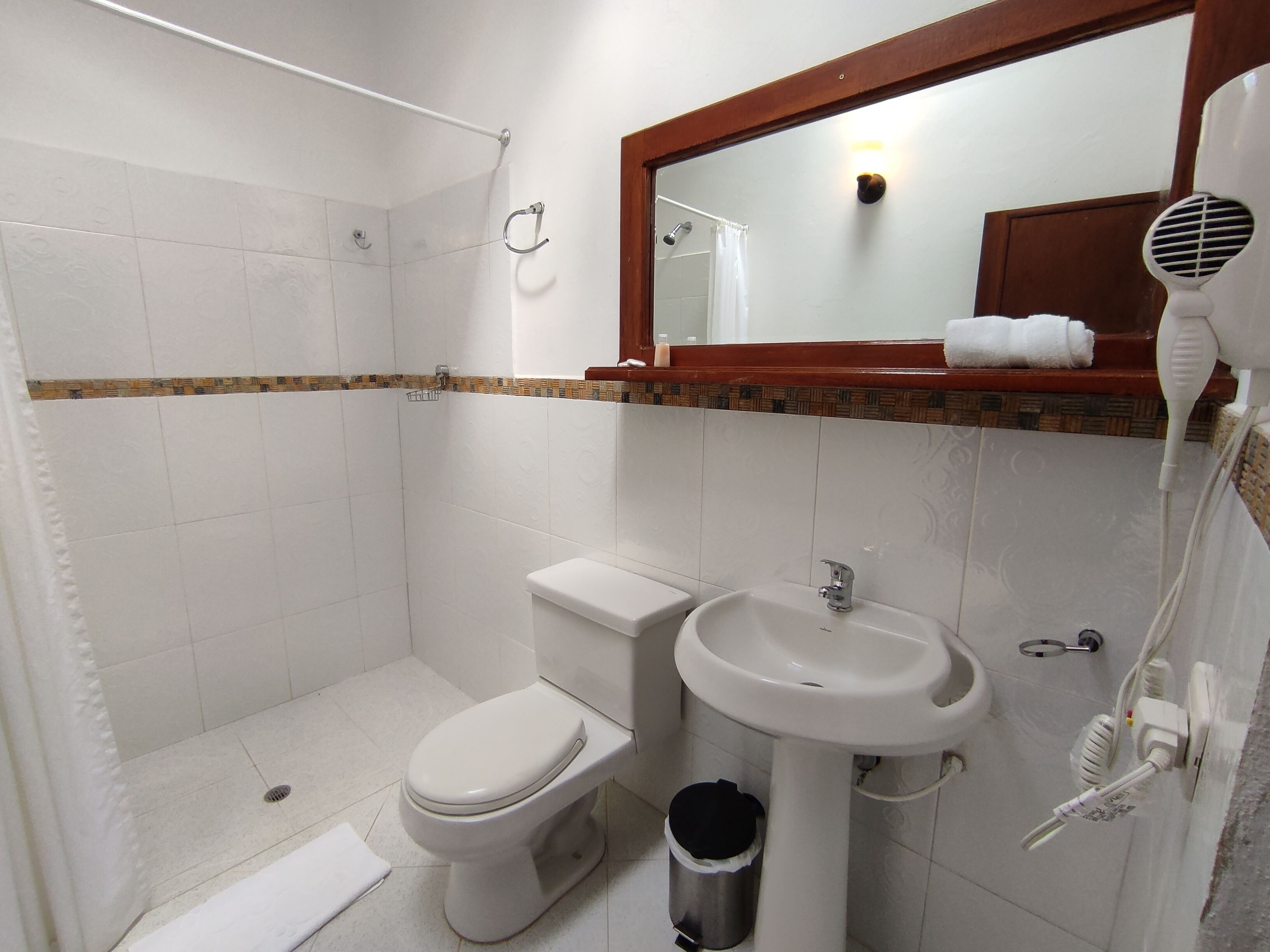 A bathroom with a shower, toilet, sink, and a mirror above the sink.