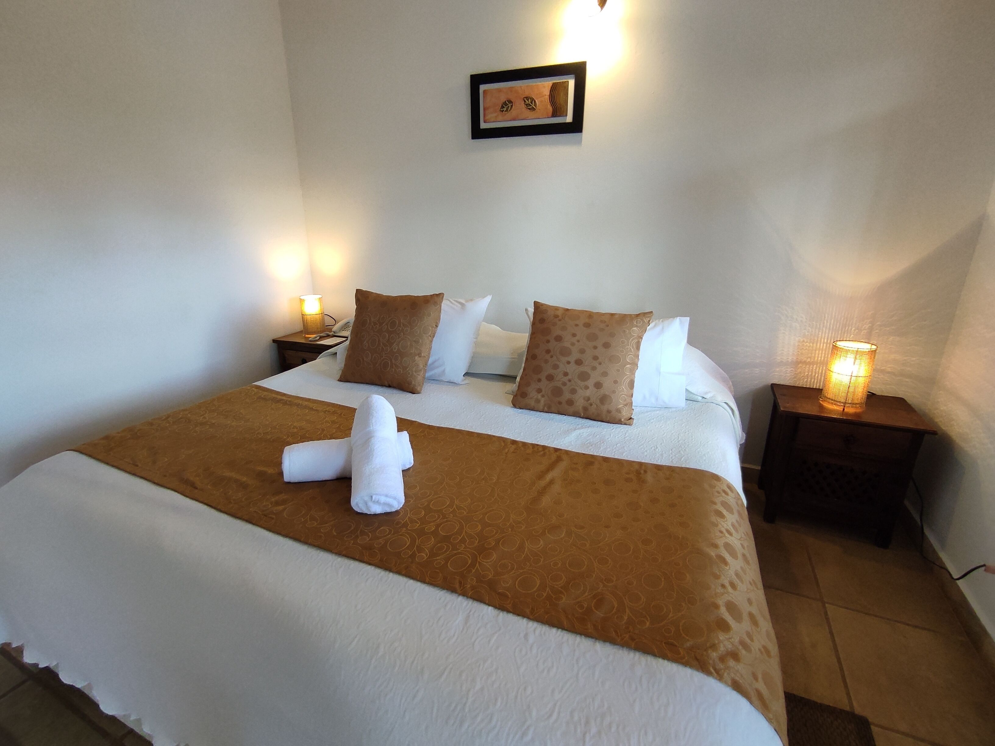 A neatly made bed with a brown bedspread, white pillows, and a brown throw blanket. There are two bedside lamps and a framed picture on the wall.