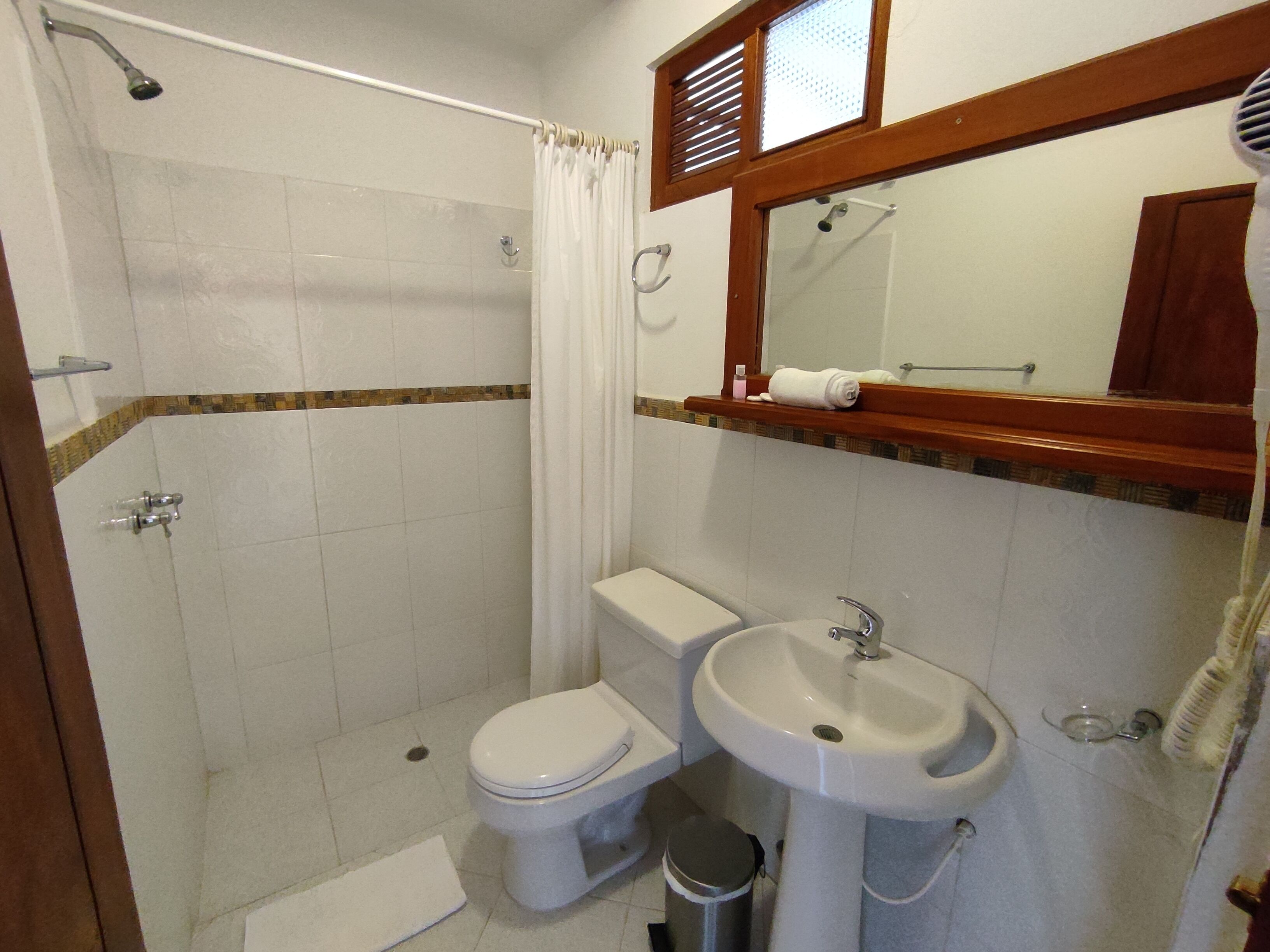 Un baño con ducha, inodoro, lavabo y un espejo sobre el lavabo.
