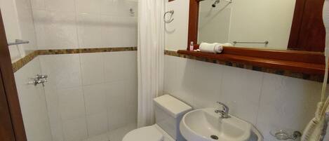 Un baño con ducha, inodoro, lavabo y un espejo sobre el lavabo.