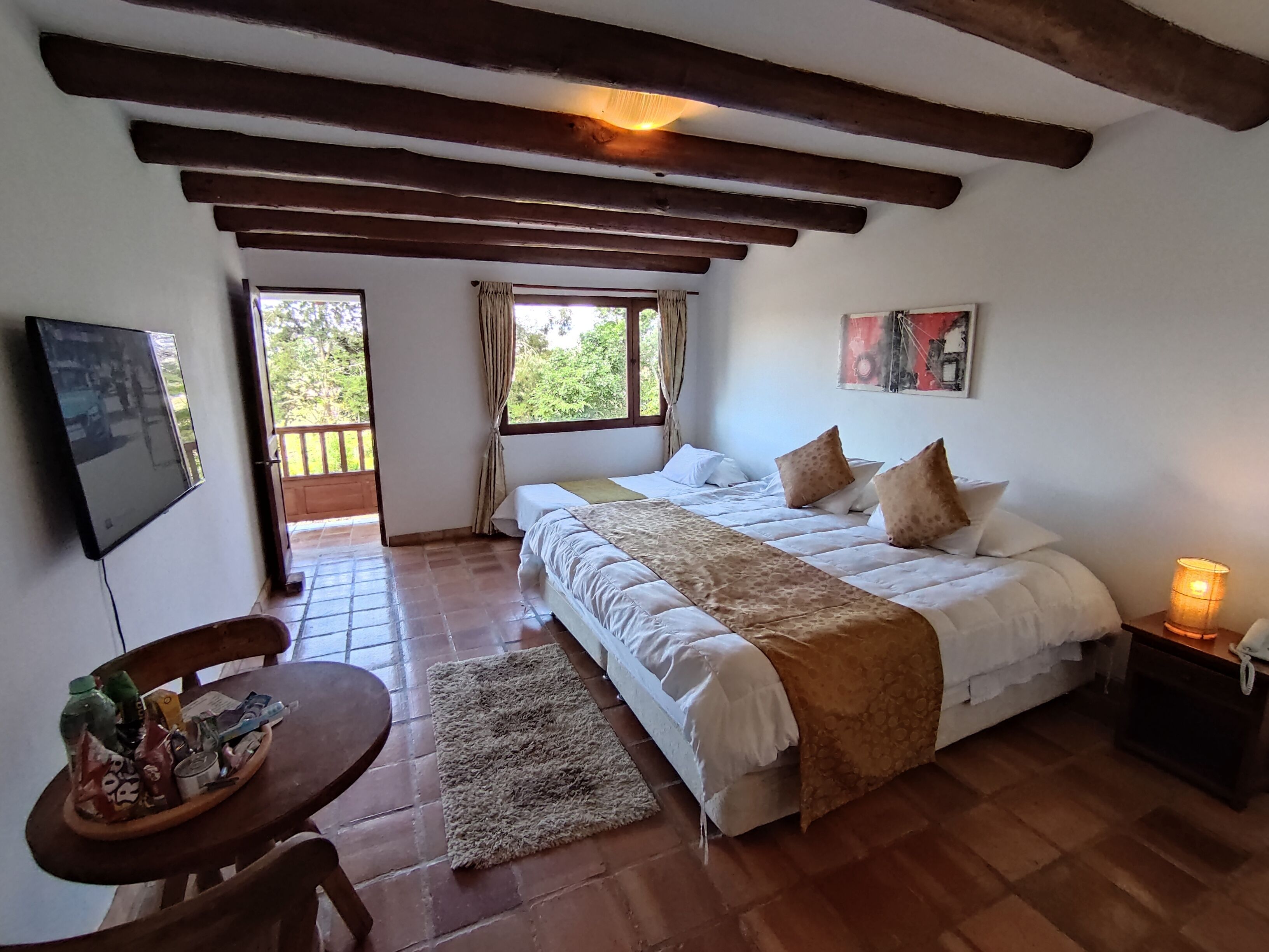 Une chambre avec un grand lit, une télévision, une table en bois avec des collations, et une vue sur l’extérieur.
