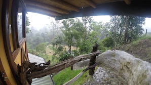 Una estructura de madera rústica con vistas a un paisaje verde y exuberante y un sendero de piedra.