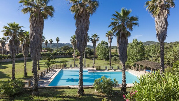 Une piscine entourée de palmiers et une pelouse, avec en arrière-plan une vue sur des collines.