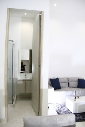A modern bathroom with a large mirror, a sink, and a toilet. - Loft Mikonos - Adults Only (Pereira)