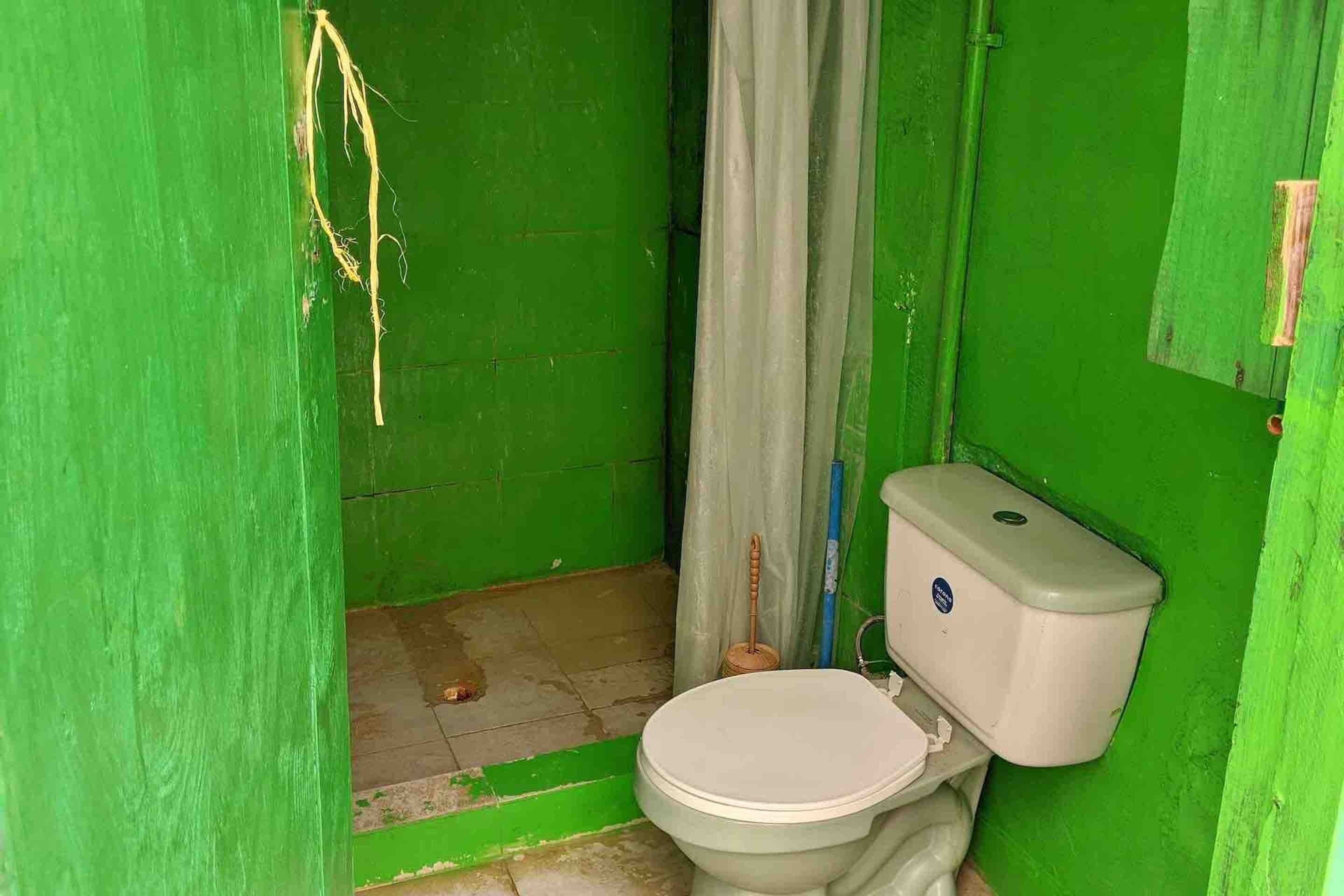Un baño pequeño con paredes verdes, un inodoro, una cortina y un desagüe en el suelo.