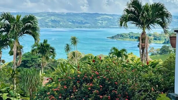 A lush garden with tropical plants and a view of the ocean. - Stunning views of Lake Arenal & Volcano in Secure Safe Gated Vacation Community (Tronadora)