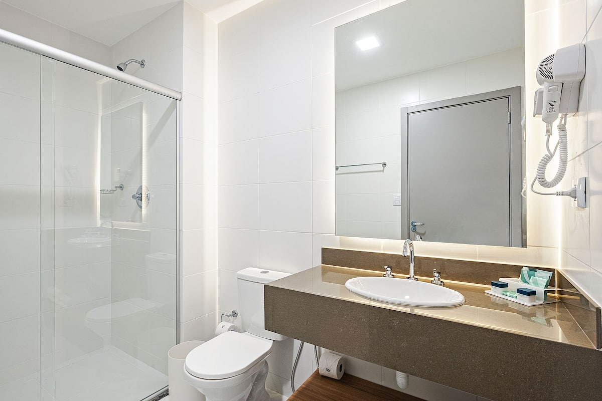 shower, free toiletries, hair dryer, towels