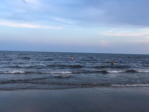 En la playa, camastros y toallas de playa 