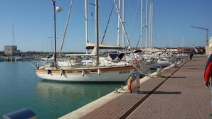 Un puerto deportivo con varios veleros amarrados a lo largo de un paseo pavimentado.