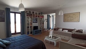 Una habitación con cama, sofá, televisor y estantería.
