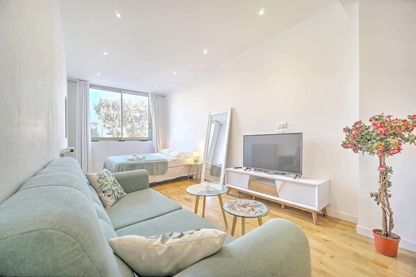 Een moderne woonkamer met een bank, een televisie, een klein tafeltje en een potplant.