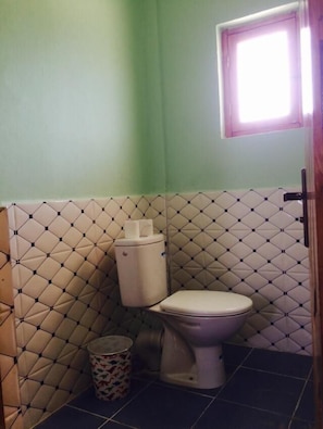Shower, rainfall showerhead, towels, toilet paper