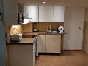 Full-sized fridge, microwave, oven, stovetop