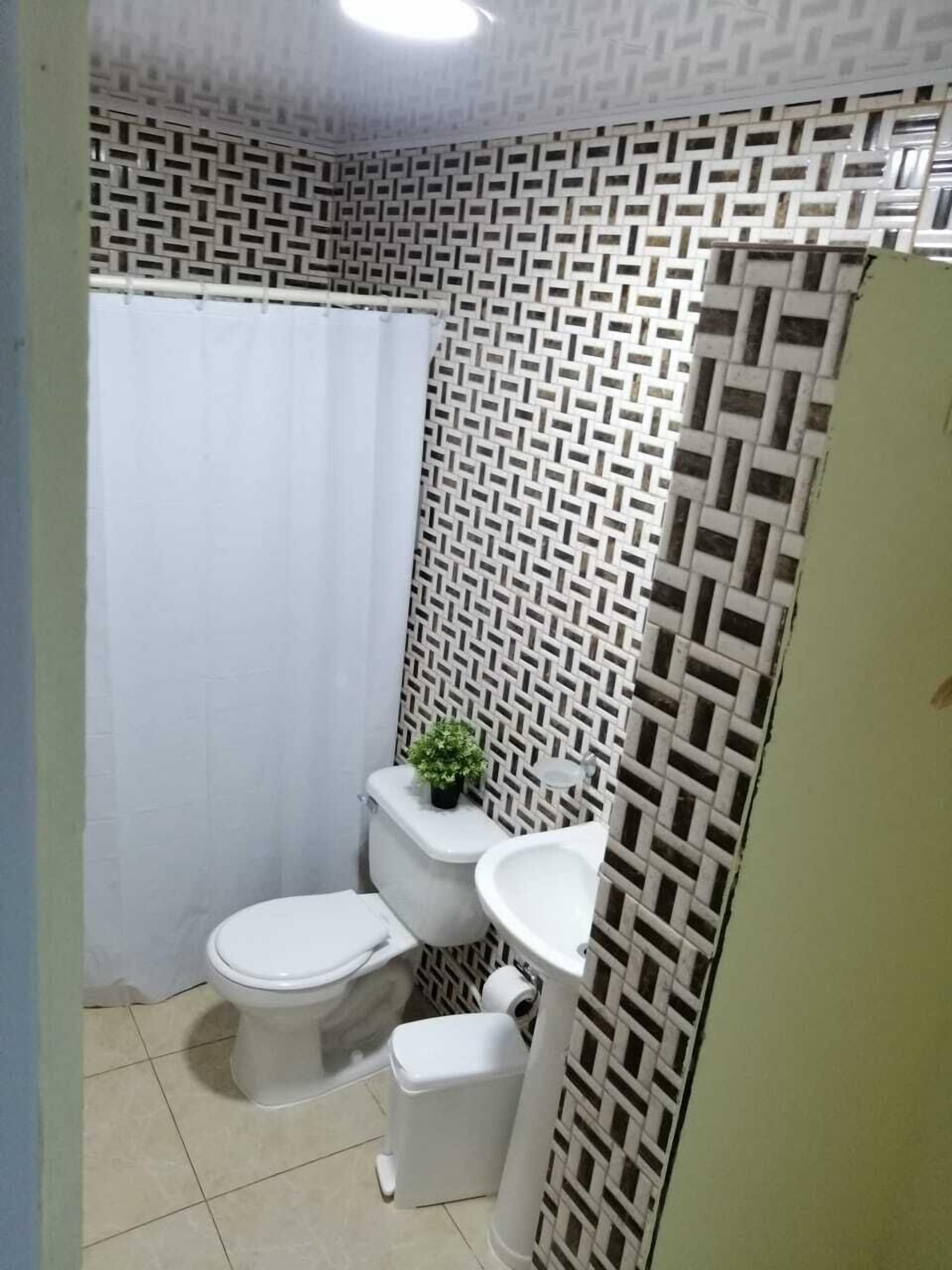 Ein Badezimmer mit gestreifter Wand, Toilette, Waschbecken und Duschvorhang.