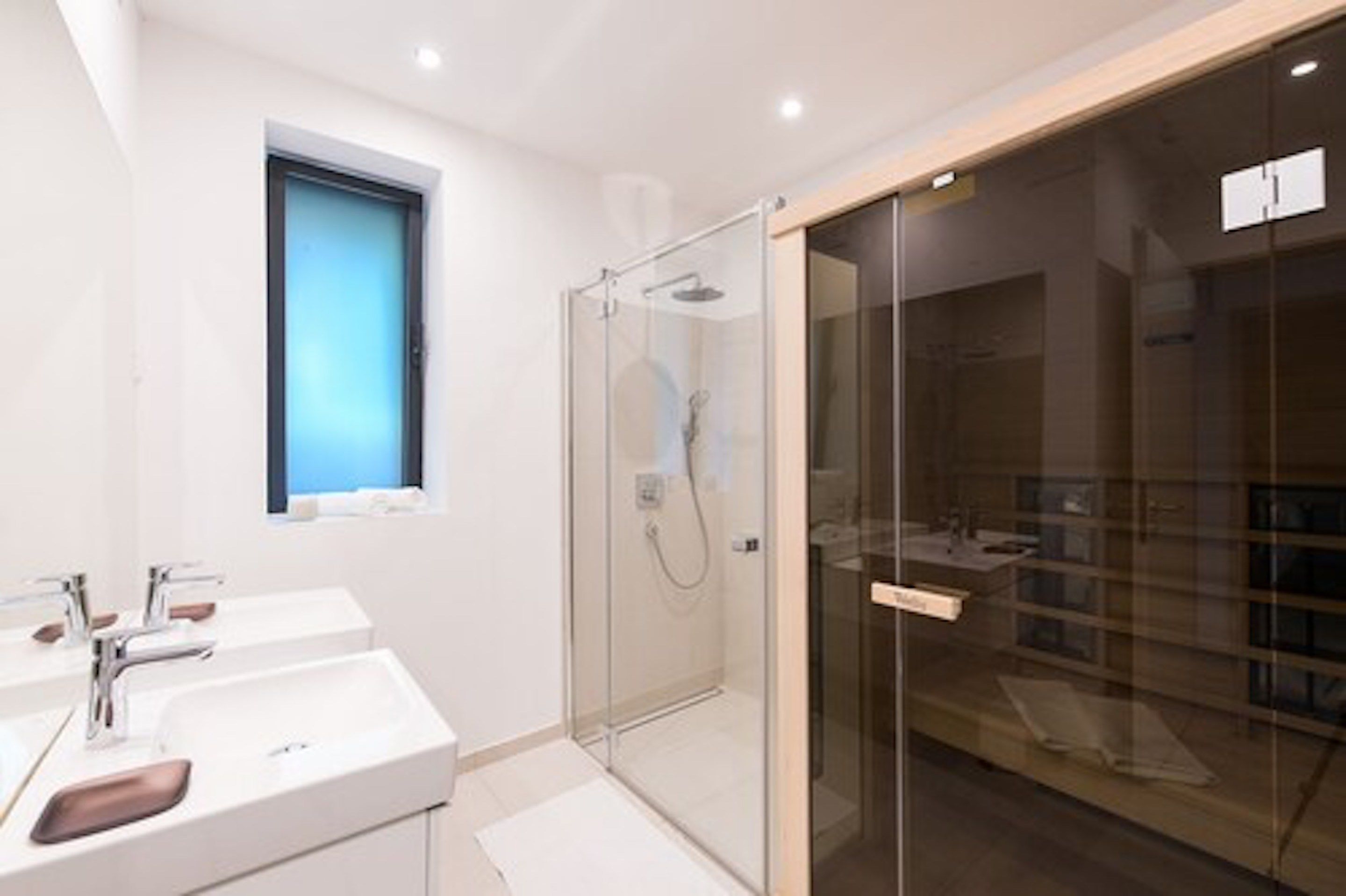 Une salle de bain moderne avec deux vasques, une douche en verre et une vue dégagée grâce à une porte en verre.