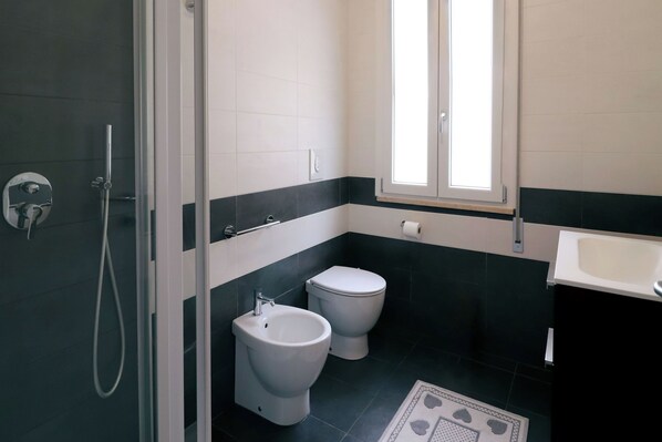 Regadera, secadora de cabello, bidet, toallas 