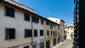 Una calle estrecha flanqueada por edificios, con numerosas ventanas y persianas, cielo despejado y un farol.