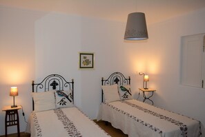 Two single beds with decorative pillows, a hanging lamp, and a small table with a lamp.
