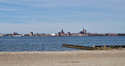 Close to the beach holiday home in a quiet field location with a spacious wooden terrace