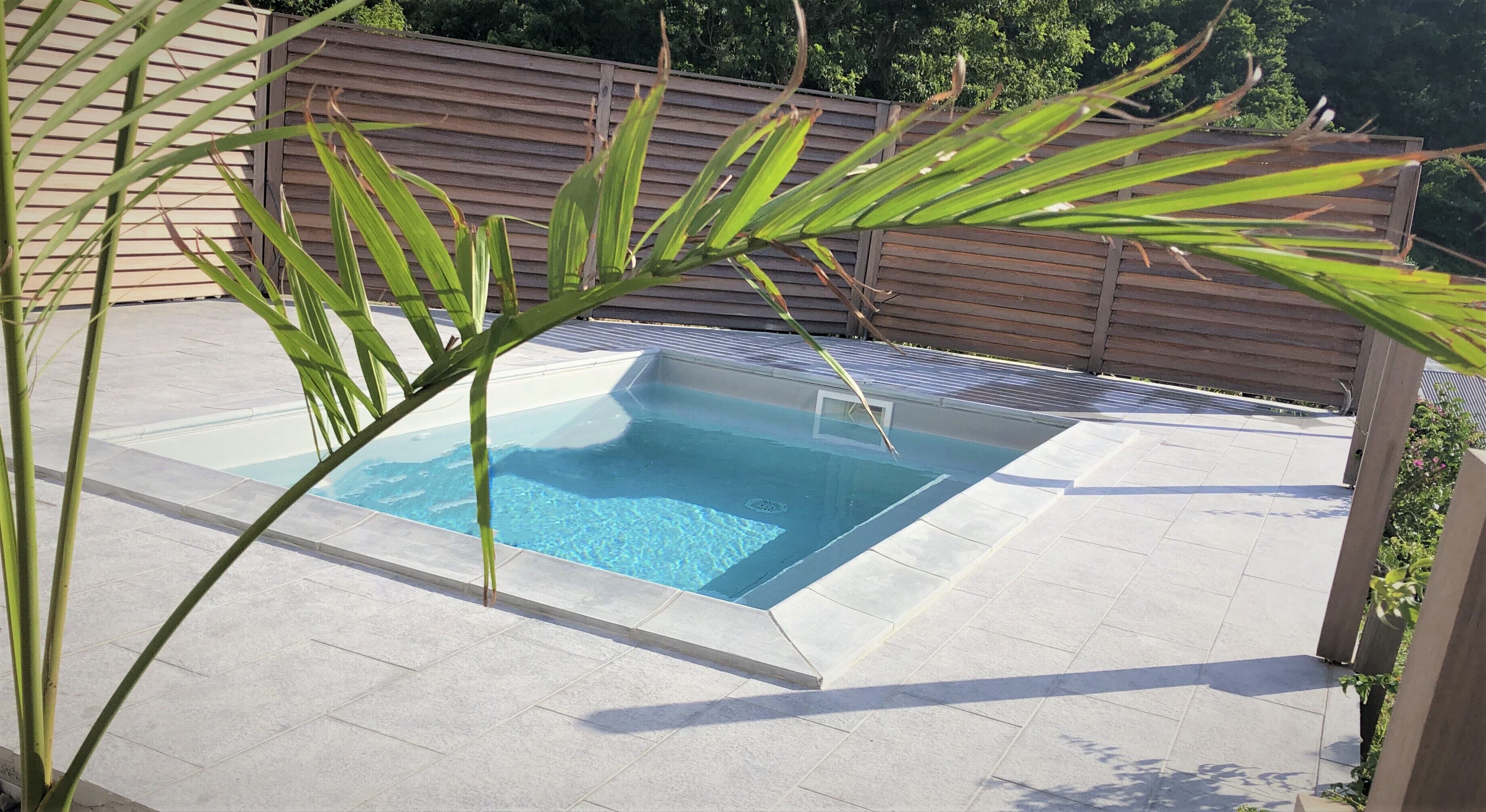 A rectangular swimming pool with clear blue water, surrounded by light grey tiles.