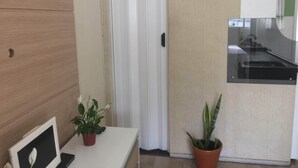 Een kamer met een houten deur, een witte muur, een klein tafeltje met een potplant en uitzicht op een keuken met een spoelbak en een spiegel.