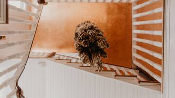 A staircase with a white railing and a brown wall.