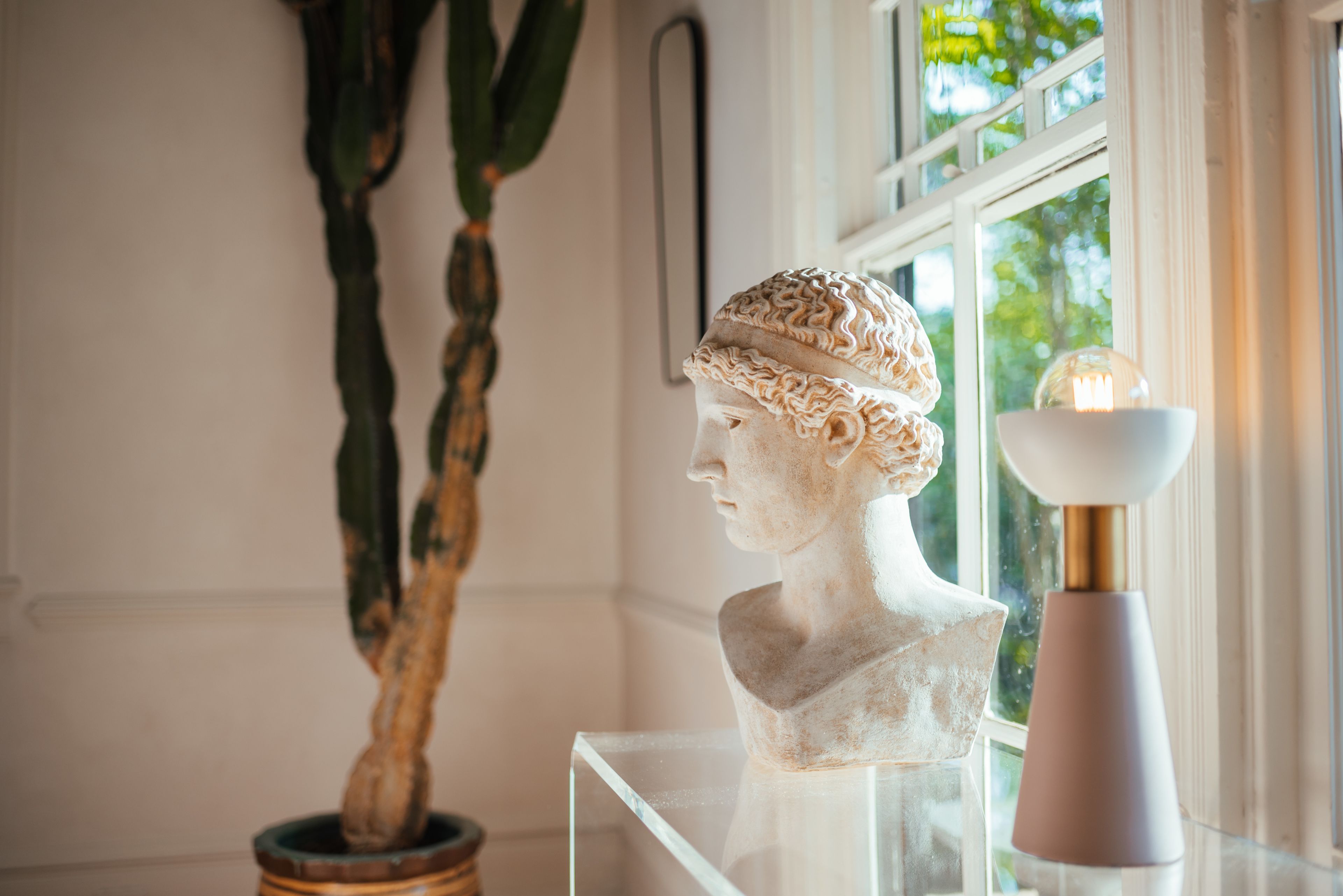 Un buste sculpté exposé dans une vitrine en verre transparent, une plante en pot et une lampe près d’une fenêtre.