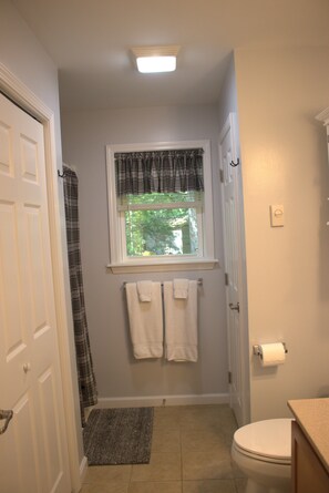 Combined shower/tub, hair dryer, towels, soap