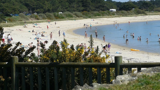 Een strand met mensen die zonnen en zwemmen.