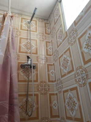 Shower area features a showerhead and hose, set against a patterned tile wall with a decorative ceiling.