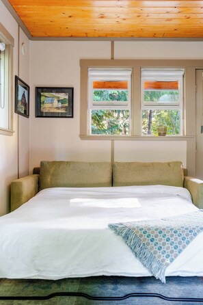 A bedroom with a bed, two windows, and a door.