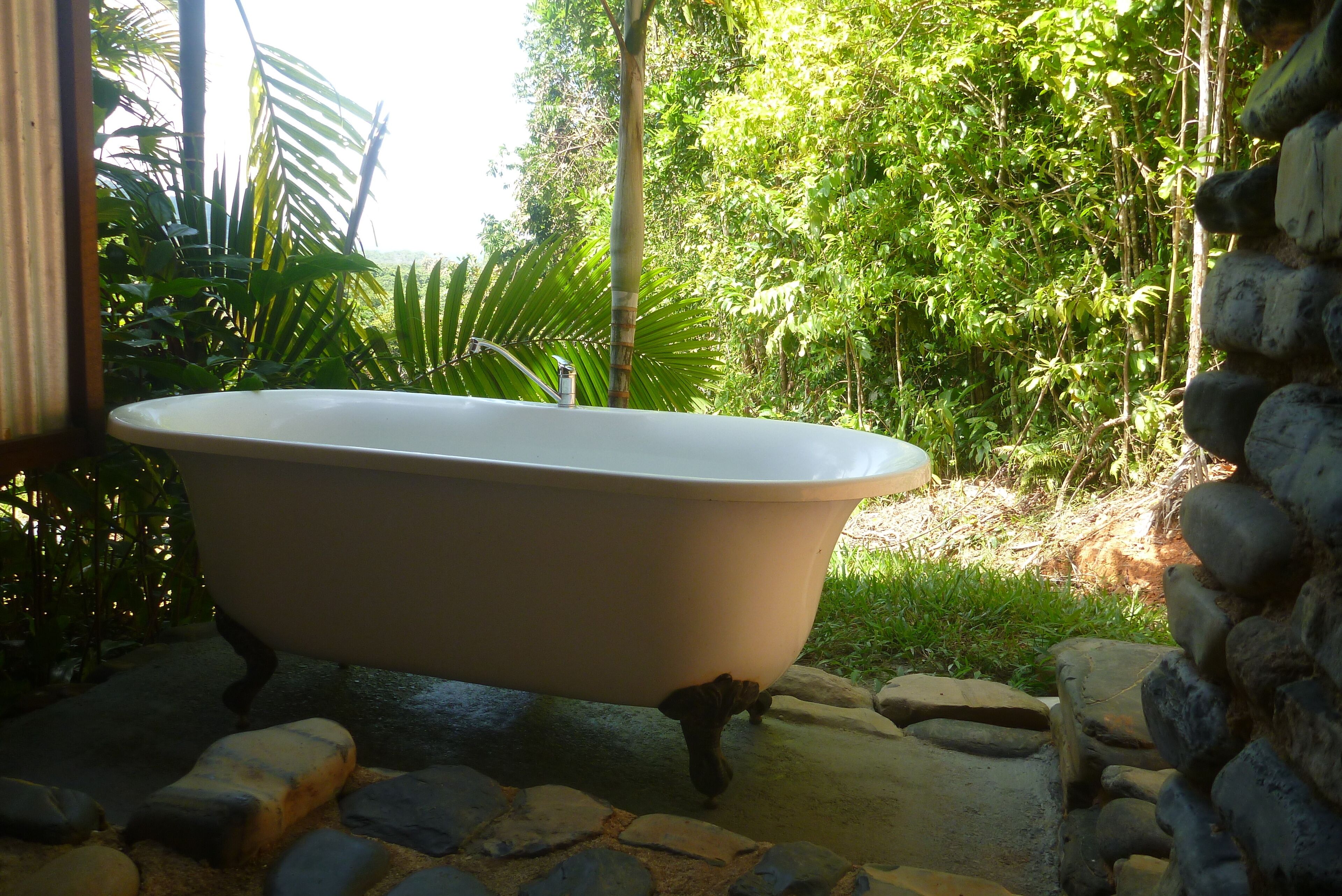 A bathtub in an outdoor setting surrounded by greenery and stone walls.