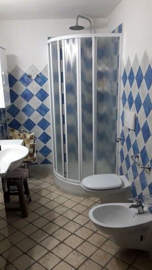 Een douche, een haardroger, een bidet, handdoeken