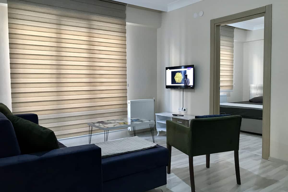 Apartamento, 1 habitación | Zona de estar | Televisión LED de 82 pulgadas con canales por satélite, una televisión