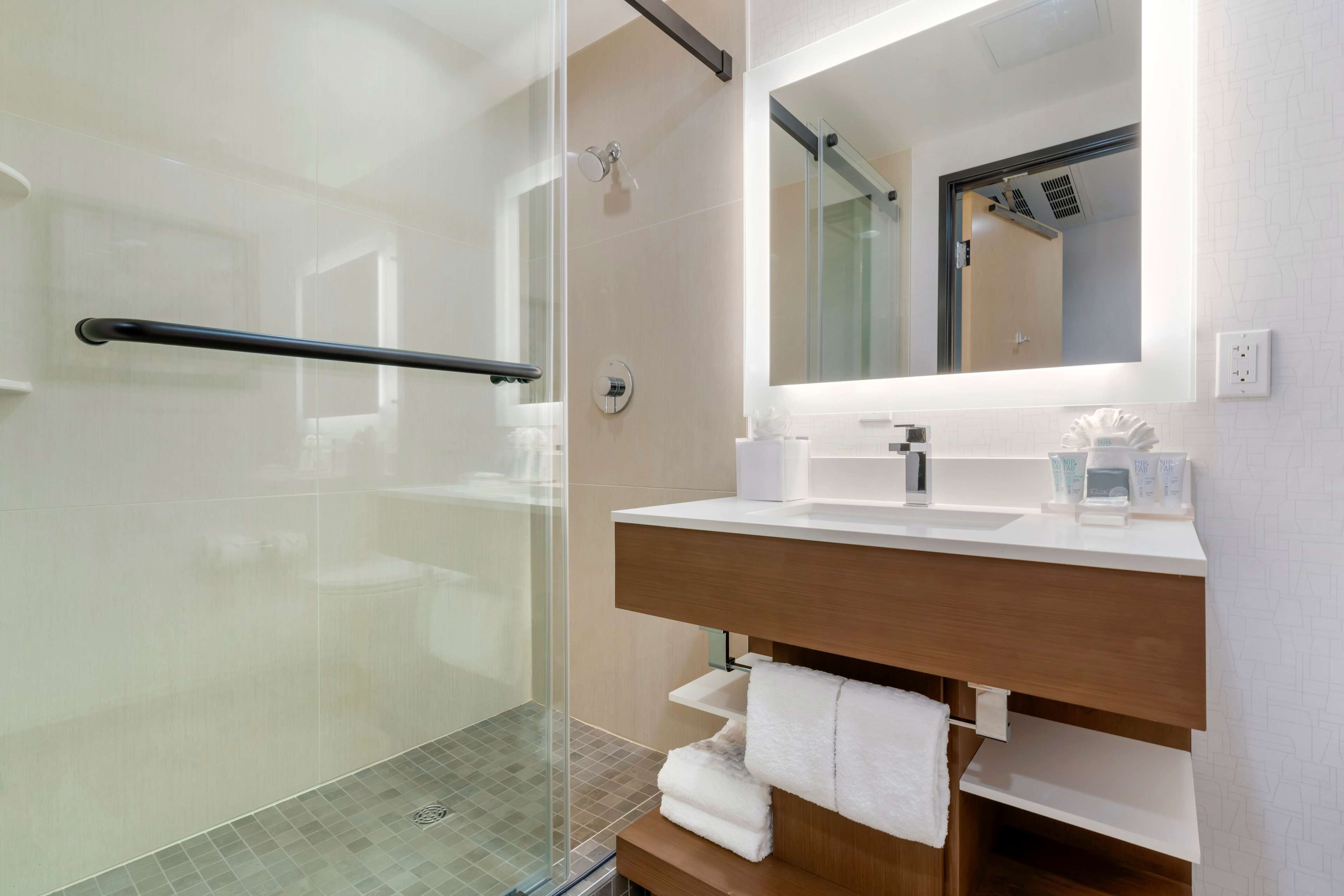 combined shower/bathtub, hair dryer, towels