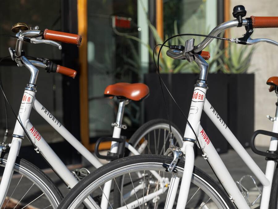 Two bicycles with "Priority" branding, positioned in front of a building with a glass door and a plant in the background.