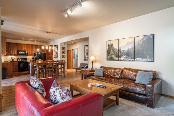 TV, fireplace, books, video library - Trailhead 812 Pet Friendly Downtown Winter Park (Winter Park)