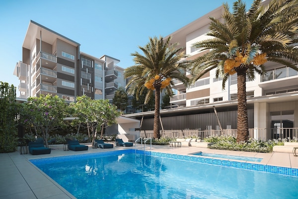 Outdoor pool, pool umbrellas, pool loungers