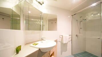 Shower, hair dryer, shampoo